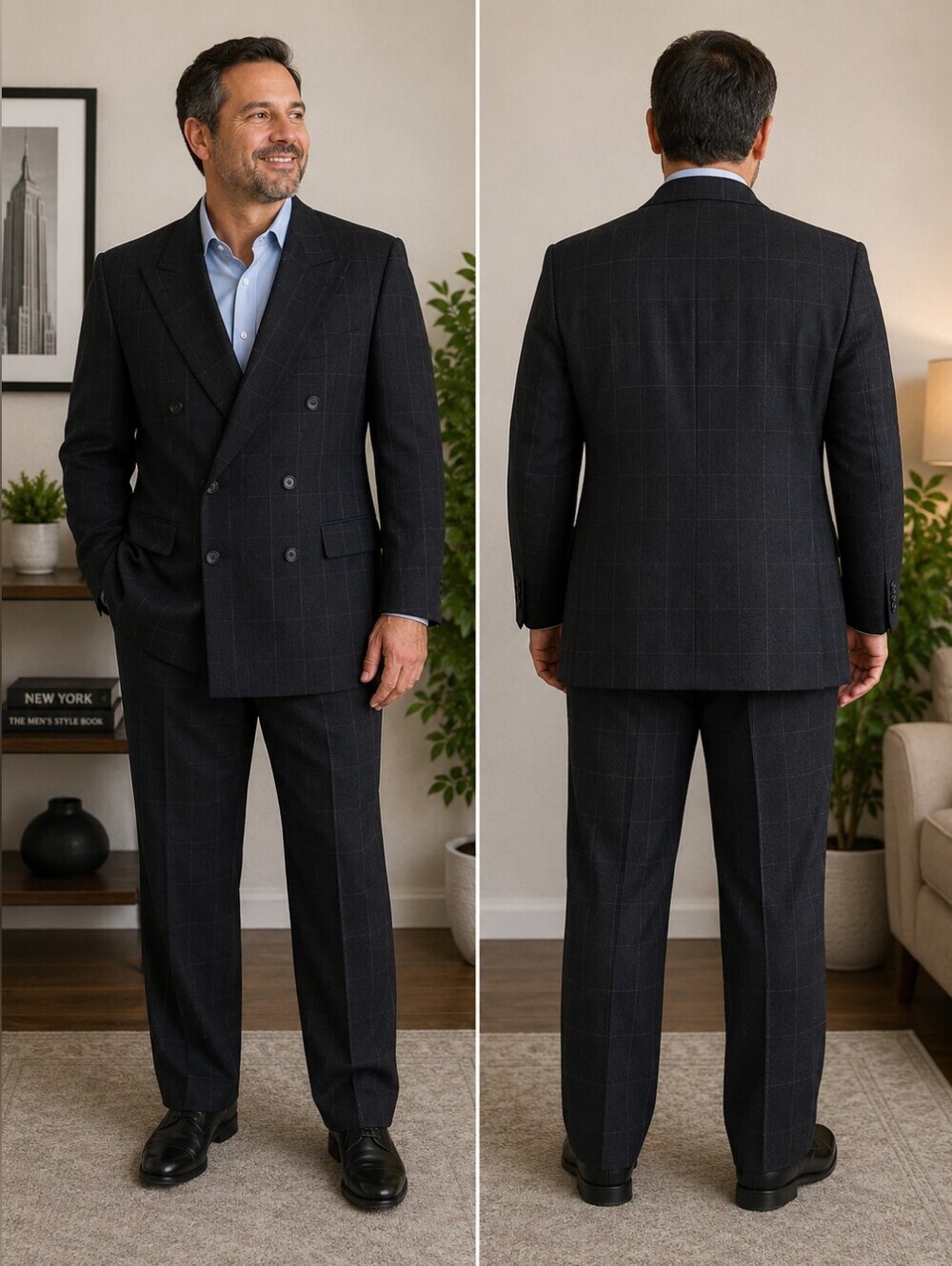 Ashford & Reede Men's Charcoal Gray Windowpane Suit 44S 34x27 Poly Wool Blend